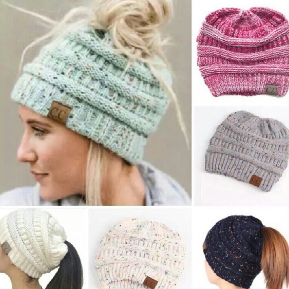 Gift Idea WHITE Confetti Messy Bun Ponytail Hat